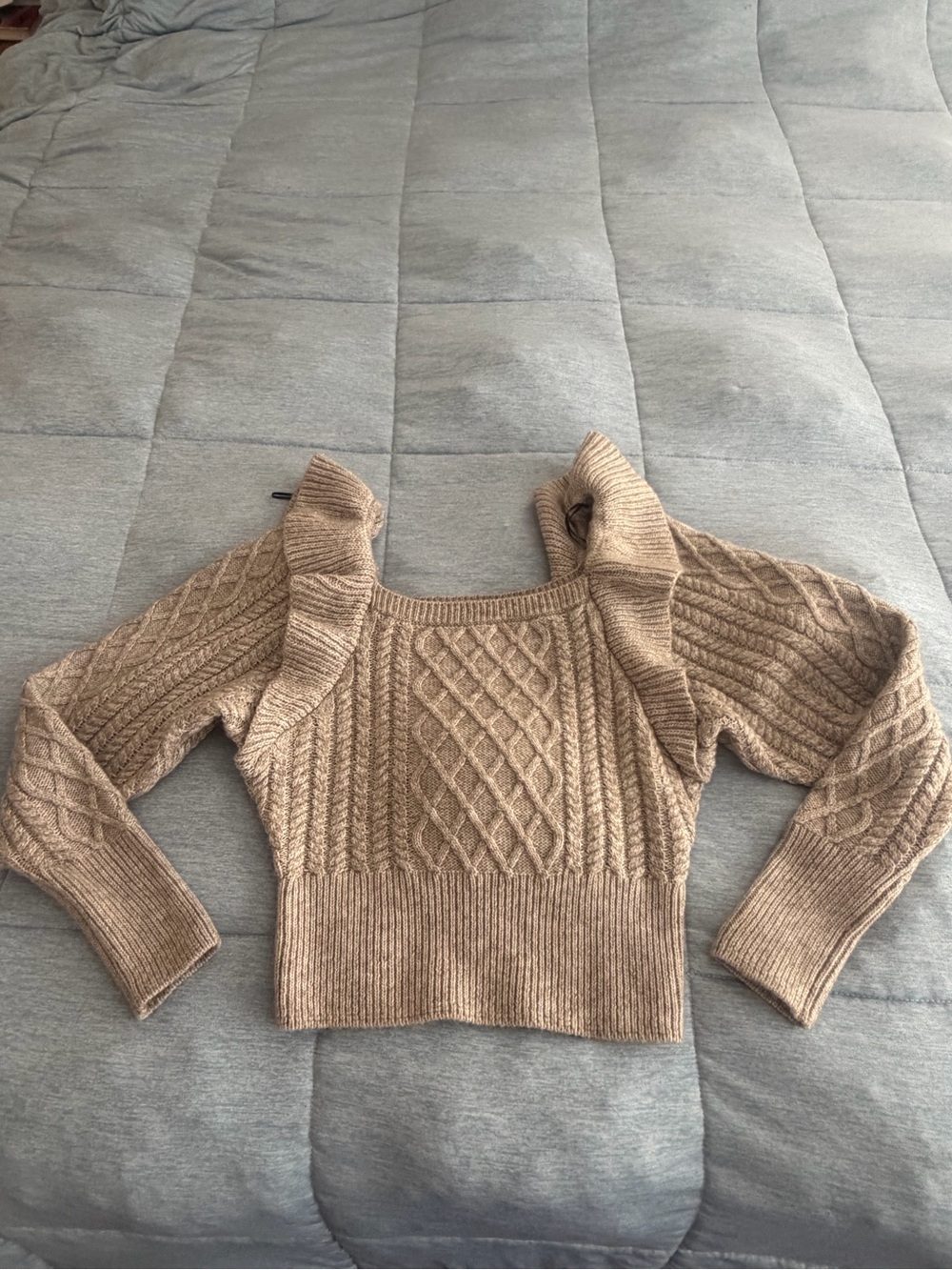H&M Beige Cable-Knit Square-Neck Sweater with Ruffle Trim